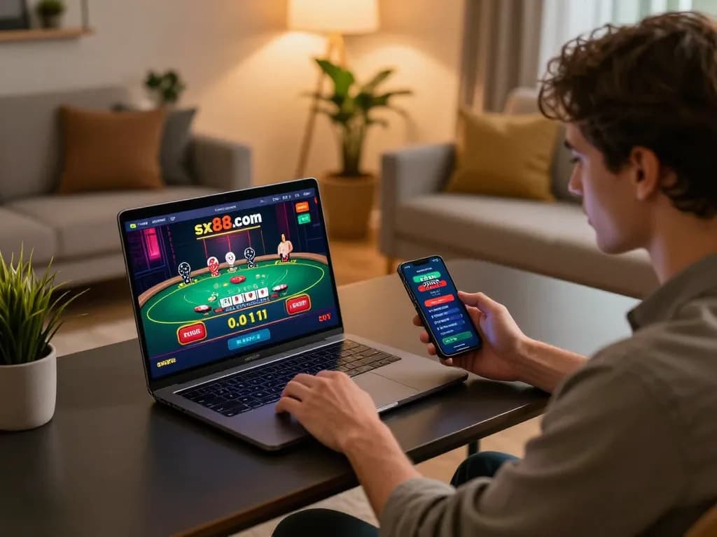 Player engaging with sx88.com for live dealer blackjack in a cozy home setting.