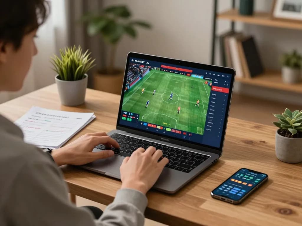 Engaging in responsible online sports betting with 7m on a laptop at home.