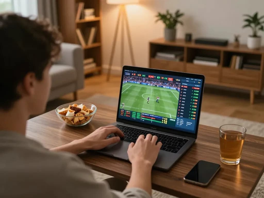 Sports betting excitement at home with sin88 platform on display, showcasing live odds on laptop