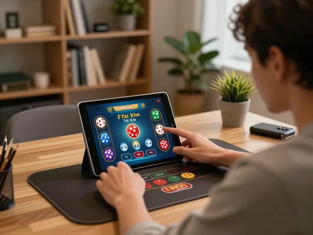 Tài Xỉu player engaging with online game on tablet in a cozy home setting.