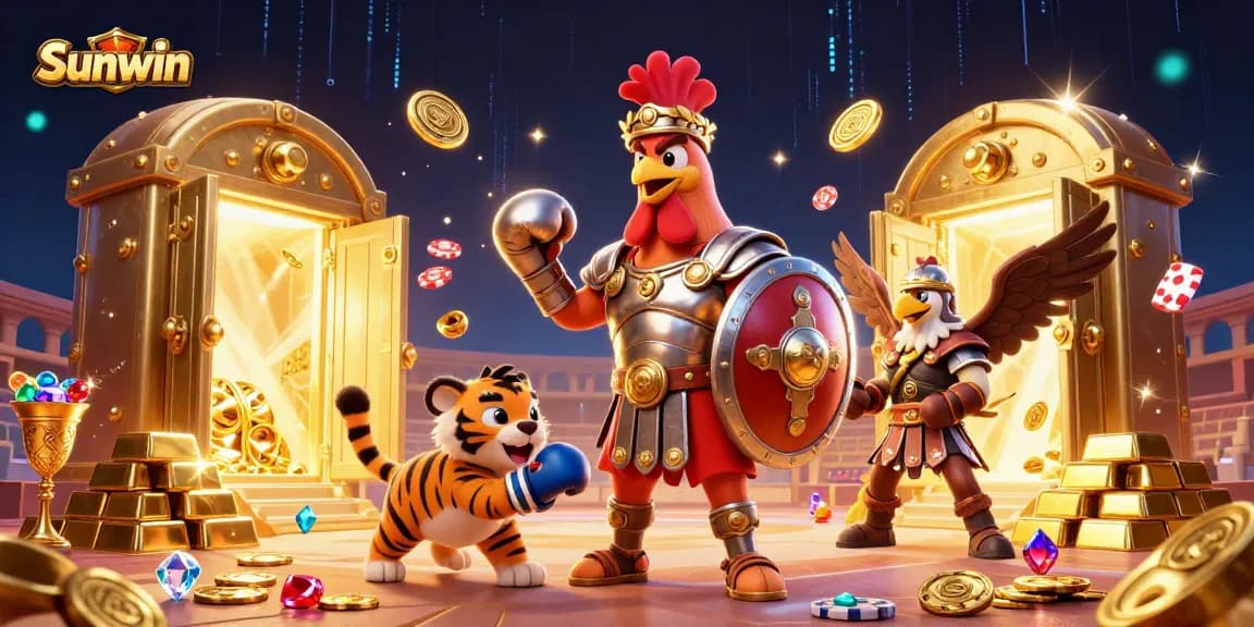 Engage in thrilling action at Sunwin's online casino with vibrant 3D characters and sparkling treasures.