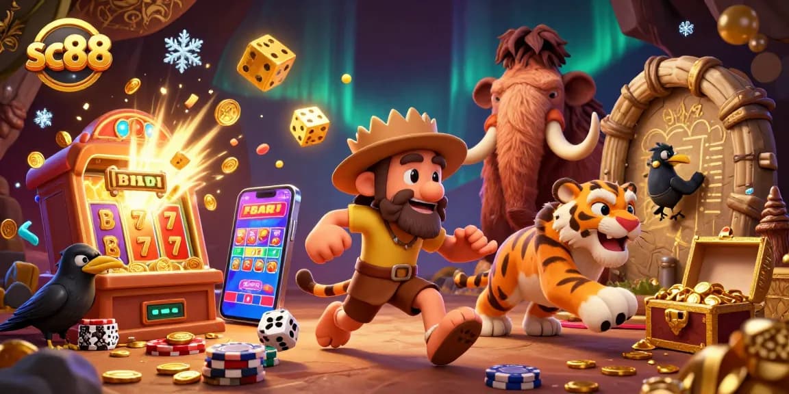 Experience the thrilling casino action of sc88 with cartoon characters and vibrant slot elements bursting with excitement.