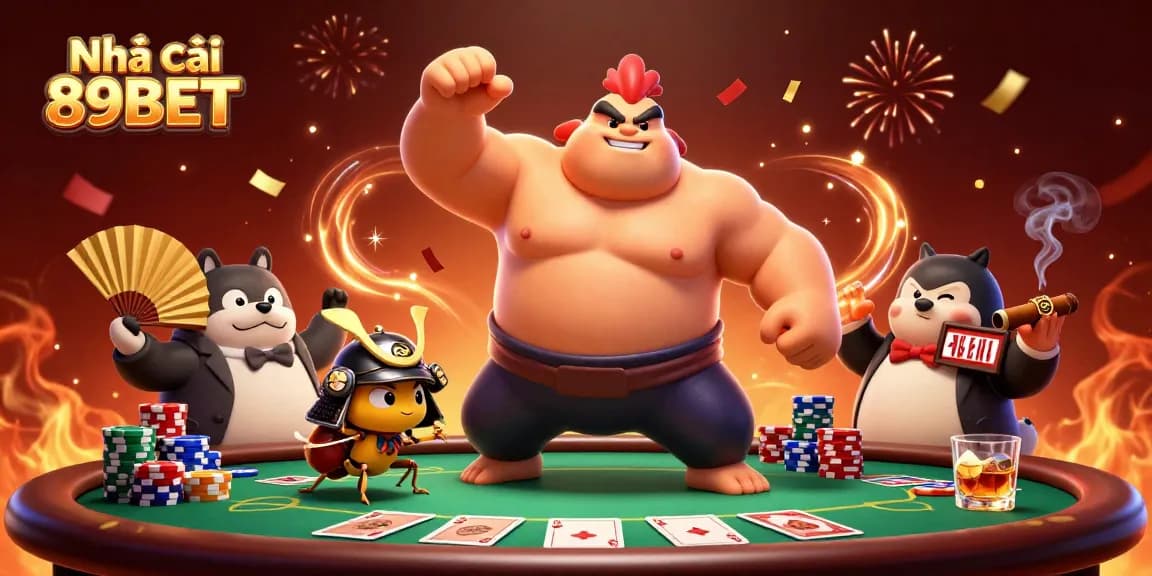 Engage with the dynamic scene featuring Nhà cái 89BET's powerful sumo rooster amid a vibrant poker showdown.