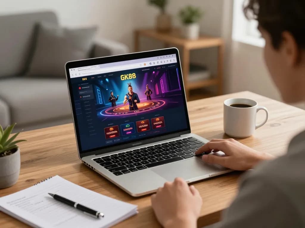 Engaged player strategizing on GK88 online casino platform in a cozy home office.