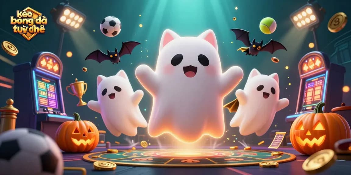 Engage with kèo bóng đá trực tuyến dynamic scene showcasing a floating ghost cat and sports elements.
