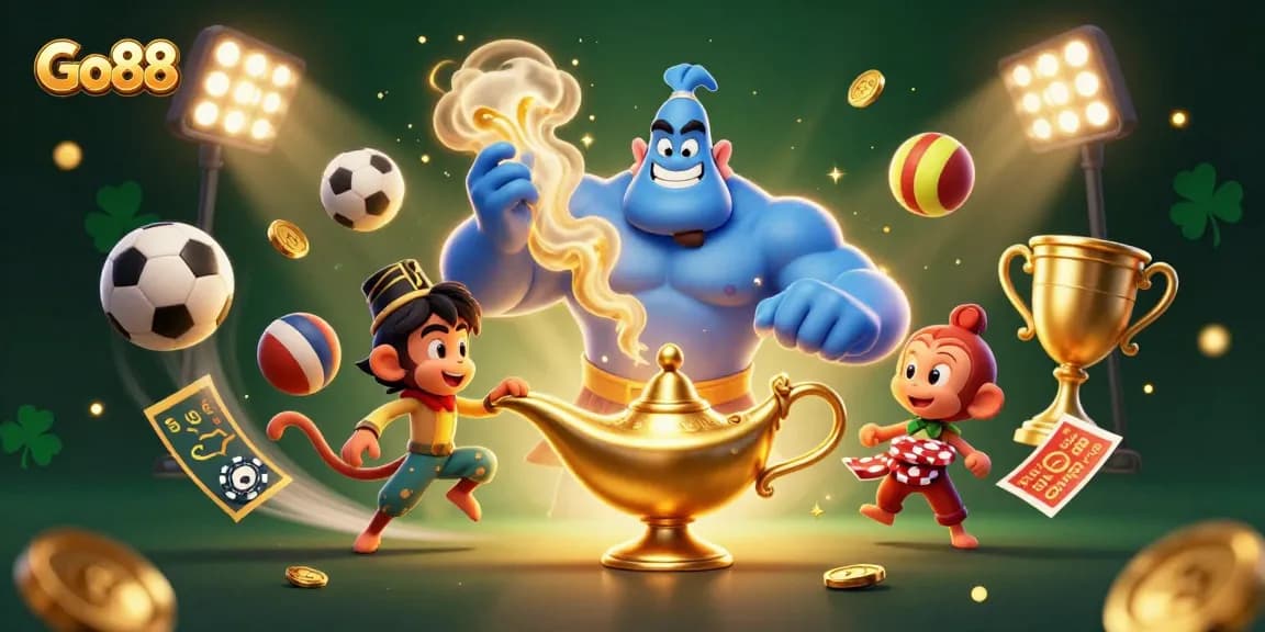 Join the excitement at Go88 with the genie, monkey, and vibrant poker elements in this colorful casino scene!