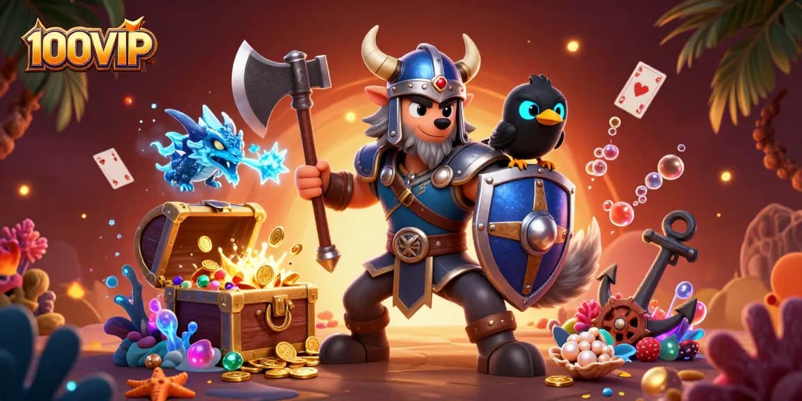Experience thrilling action at 100VIP with a cartoon wolf warrior and dragon amidst vibrant casino elements.