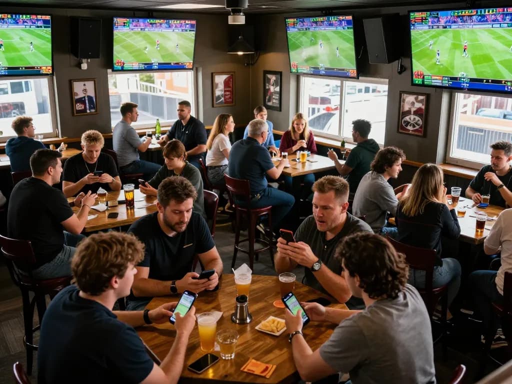 Excited patrons placing bets on tip88 during live sports at a vibrant sports bar.