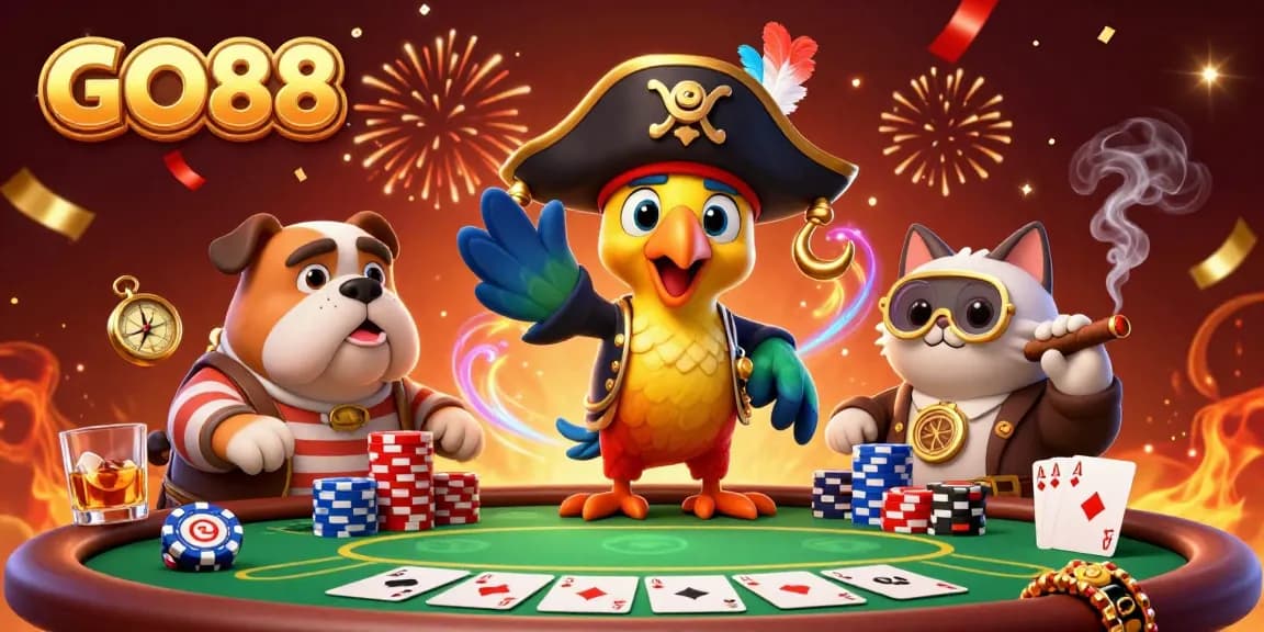 Experience GO88 with a vibrant 3D pirate-themed casino illustration featuring poker elements and dynamic characters.