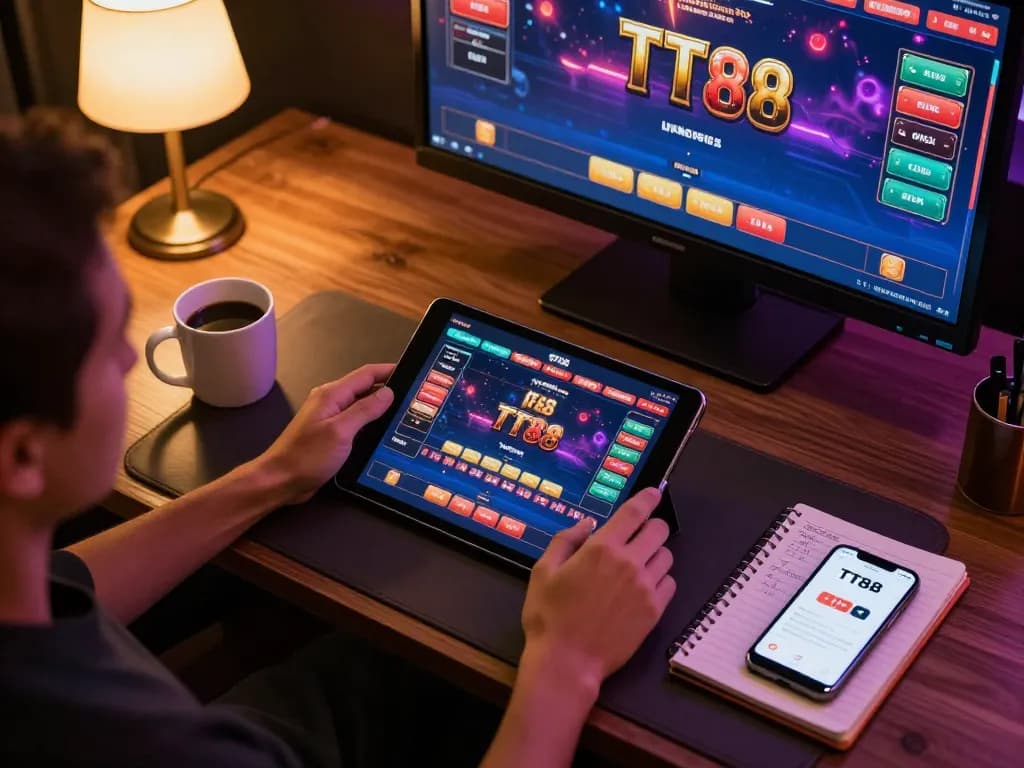 Player exploring TT88 casino app on tablet during online gaming session, showcasing vibrant interface