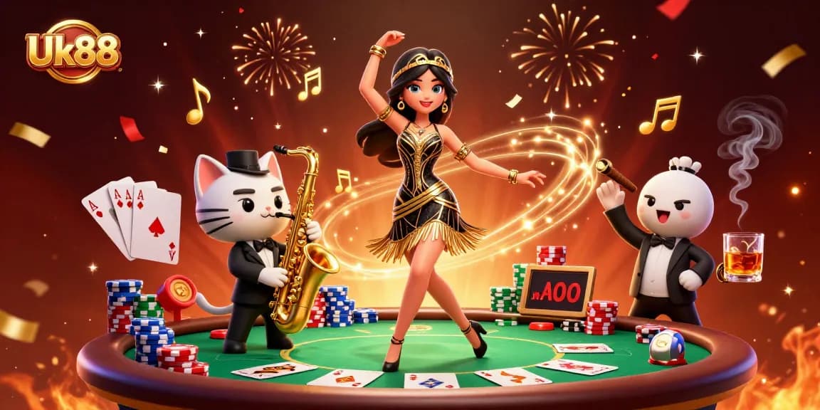 Experience thrilling wins at Uk88 with vibrant casino action, poker tables, and celebratory elements.