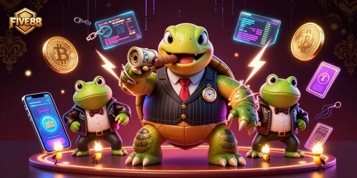 Experience thrilling games and crypto excitement at FIVE88 with a dynamic casino illustration.