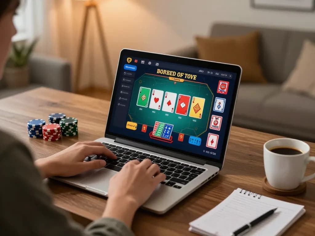 Play poker online with xx88 using a laptop in a cozy, well-lit home office.