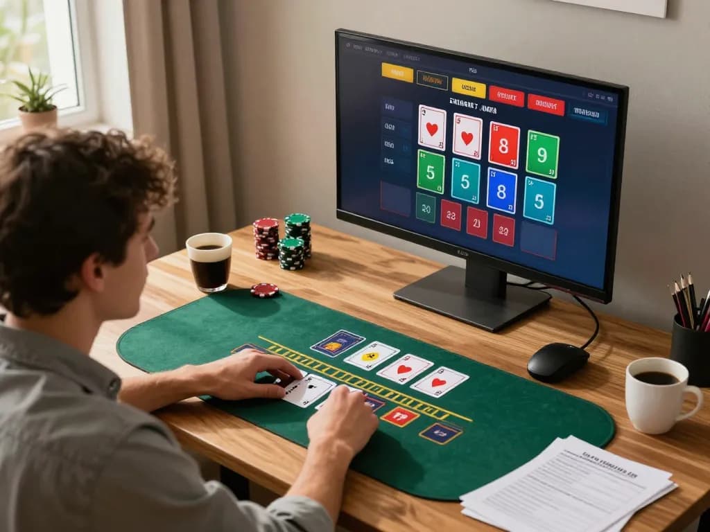 Player enjoying a live dealer blackjack game with Five88 on a home office setup, showcasing a cozy gaming atmosphere