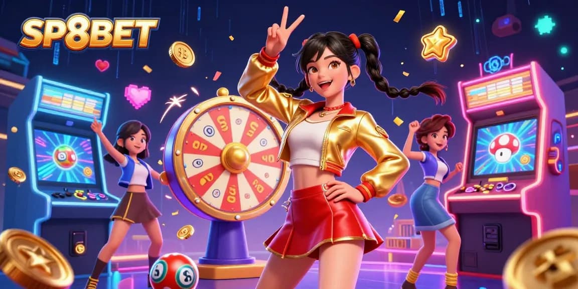 Experience gaming excitement with SP8BET's dynamic casino illustration featuring vibrant characters and elements.