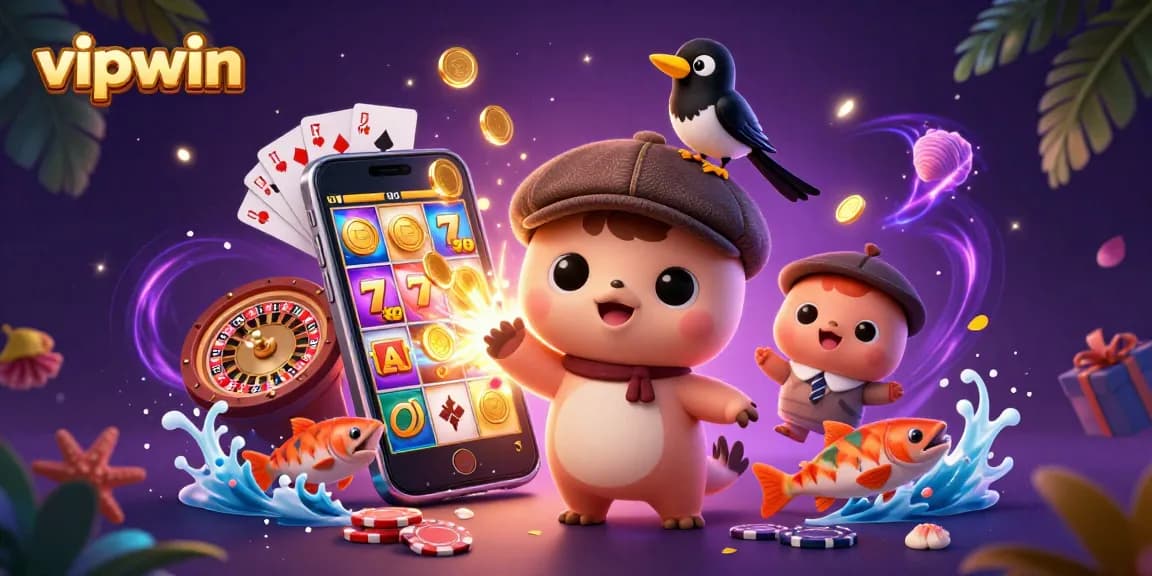 Experience the thrill of vipwin with adorable characters and vibrant casino elements.