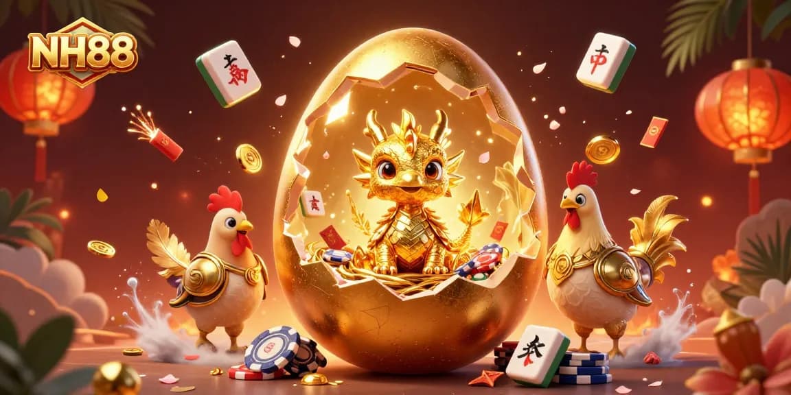 Experience winning big at NH88 with an illustration featuring a golden dragon and poker chips.