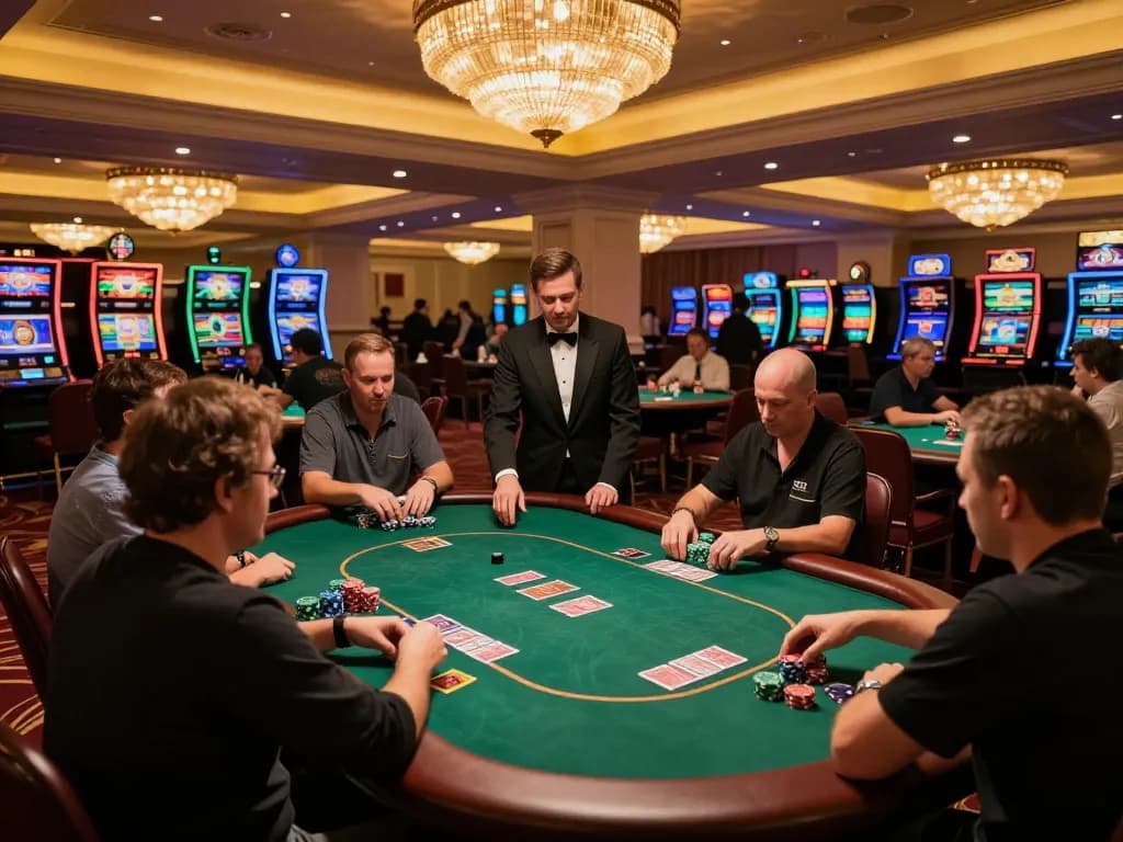 Sunwin poker tournament in a luxury casino with players actively placing bets and engaging in gameplay.