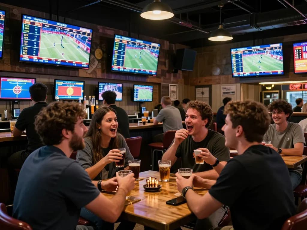 SC88 sports betting action with excited patrons discussing odds in a lively bar