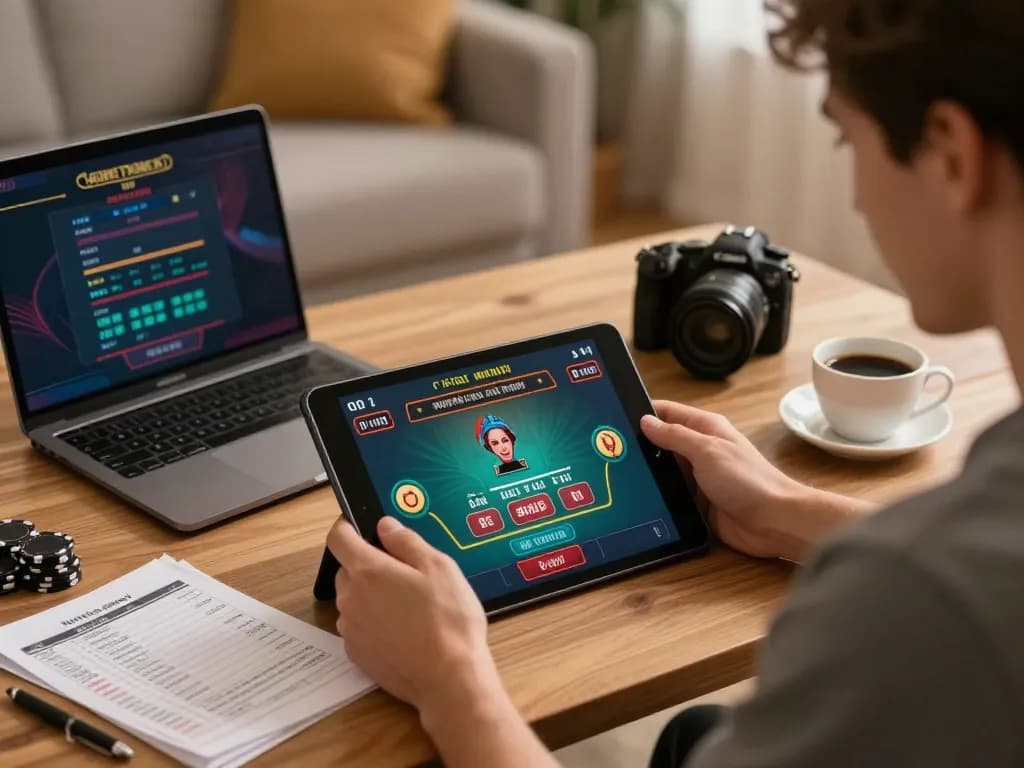 Engaging in online gambling at home with lc88 on tablet, showcasing dynamic live dealer game experience.