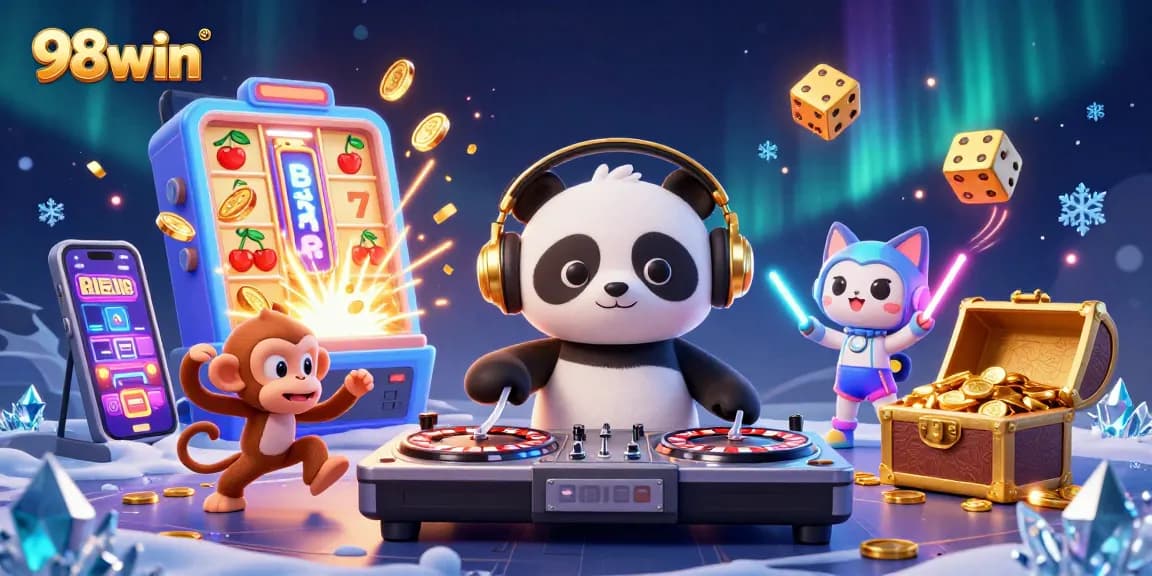 Experience the exciting world of 98win through a vibrant, animated casino scene filled with dynamic characters and gaming elements.