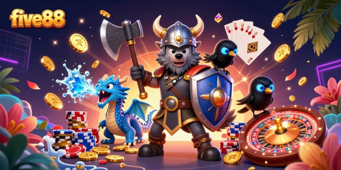 Experience the excitement of five88 with a 3D illustration of a Viking wolf warrior alongside a fierce dragon and colorful casino elements.