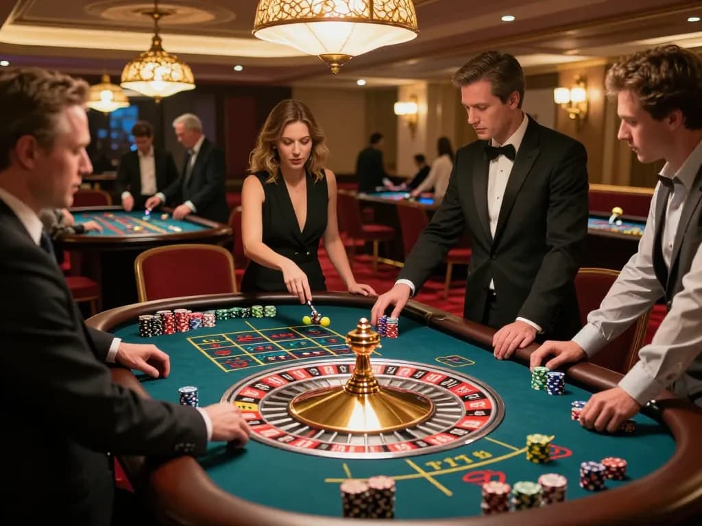 Players engage in a thrilling roulette game at 7M casino, surrounded by vibrant lights and high-energy atmosphere.