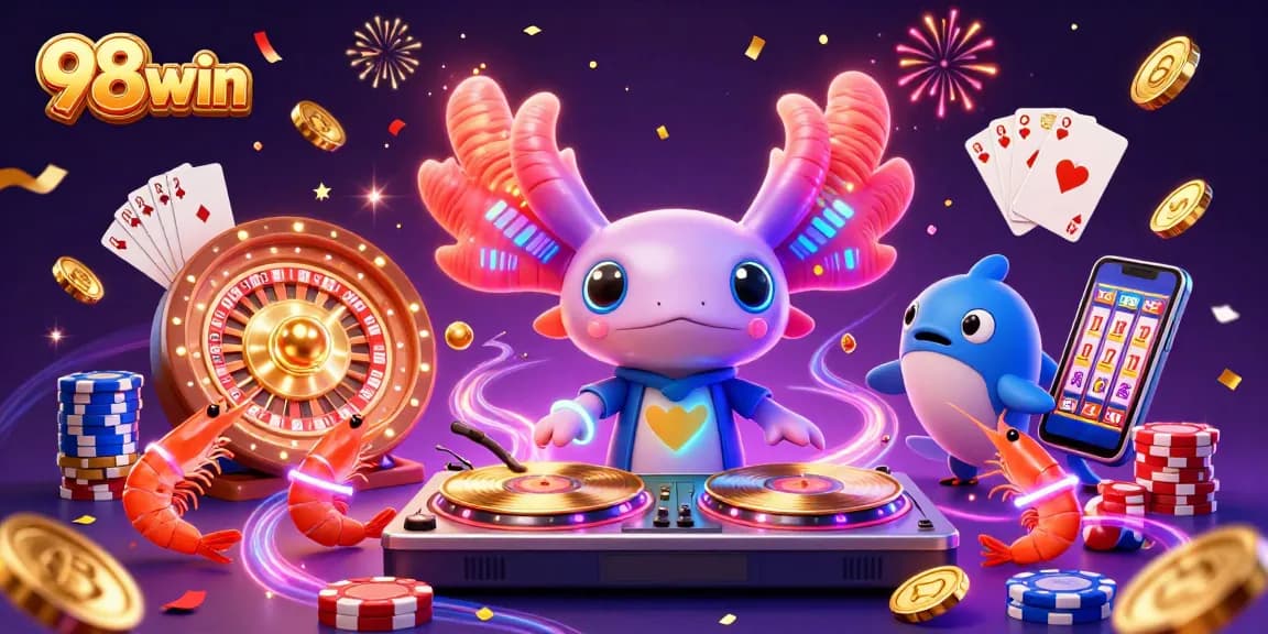 Engage with 98win's vibrant casino scene featuring a neon axolotl DJ and dancing shrimp.