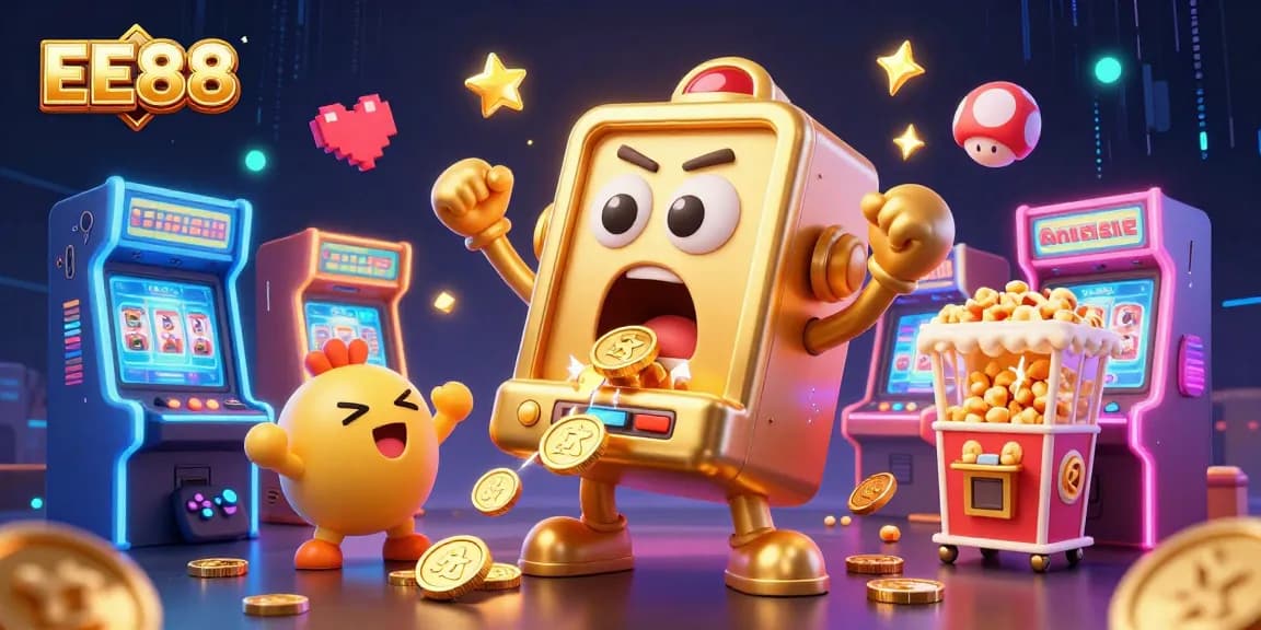 EE88 slot machine hitting a jackpot with coins pouring, creating a lively casino atmosphere.