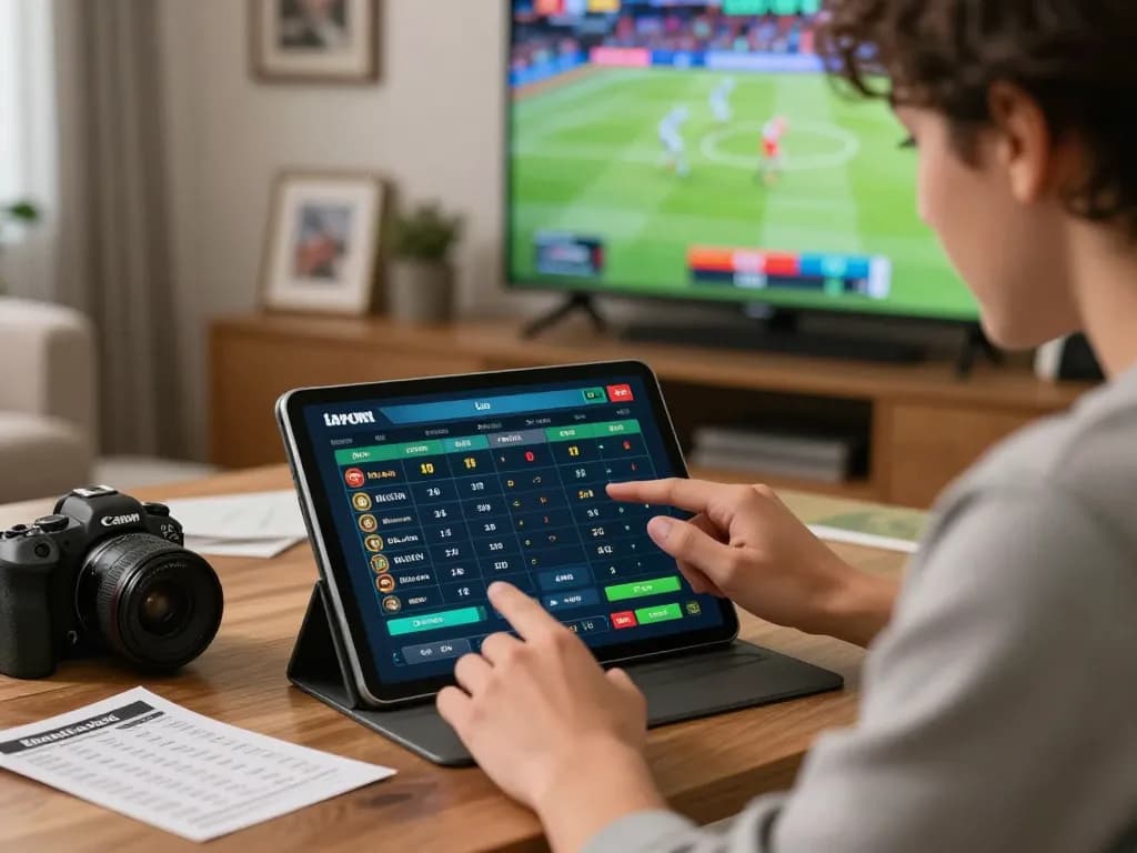 Live betting excitement at a sportsbook with keonhacai on tablet, capturing dynamic betting action in cozy environment.