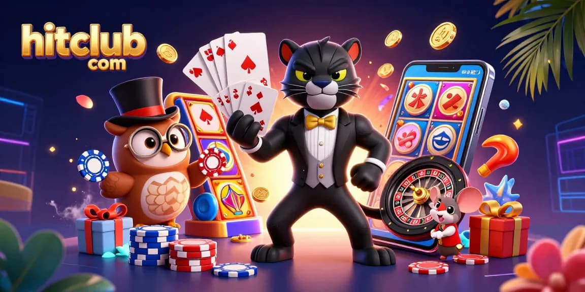 Immerse in the vibrant gaming world of hitclub com featuring a stylish panther and whimsical owl in an action-packed casino scene.
