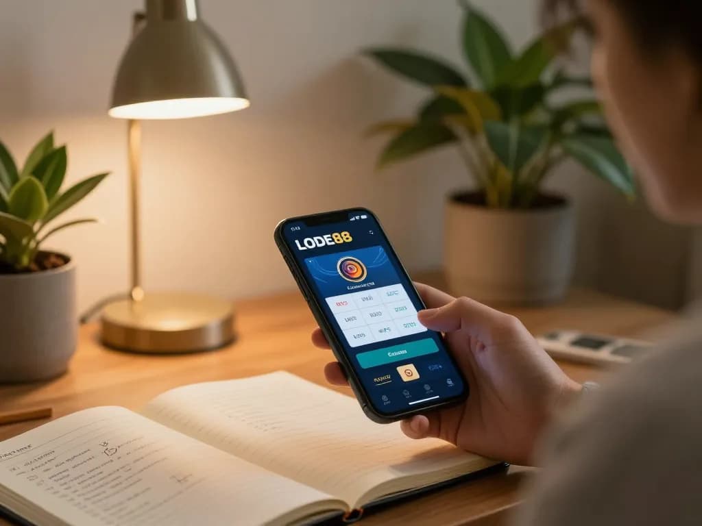 Engaging with the Link LODE88 app on a smartphone in a cozy and stylish home setting