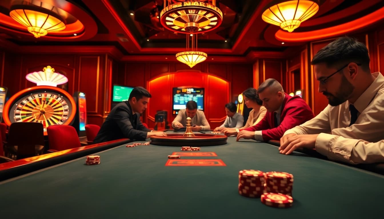 Watch high-stakes players enjoy an exciting game of NK88 poker in a luxurious casino setting.