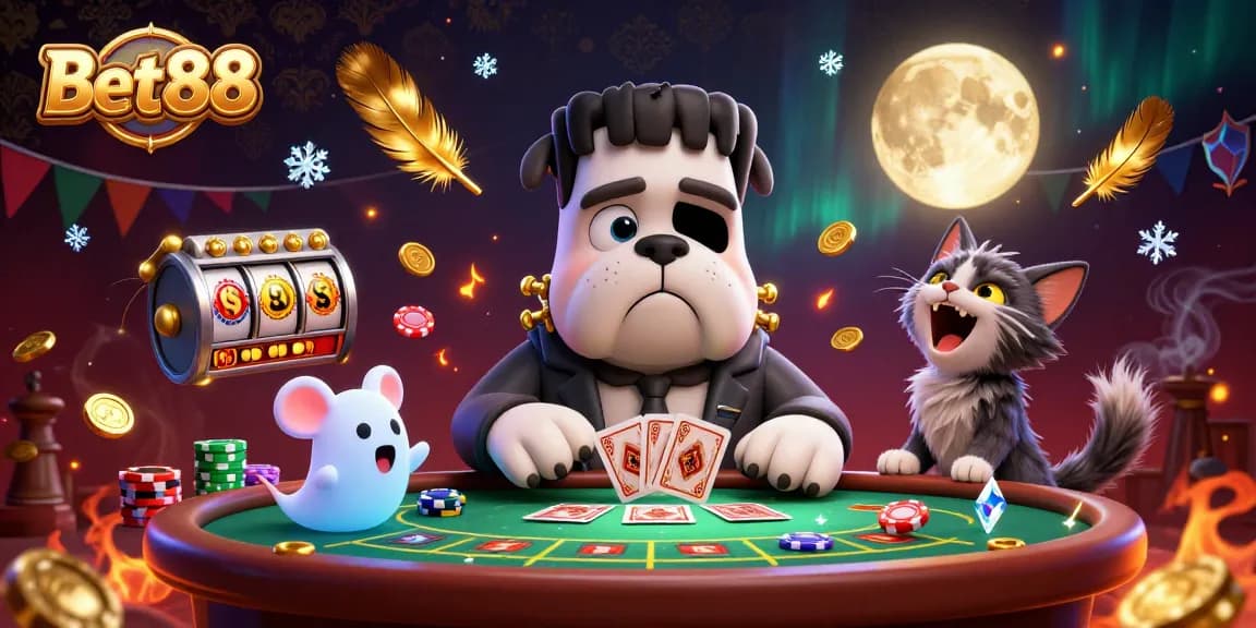 Experience thrilling games at Bet88 with dynamic 3D illustrations of casino excitement and vibrant characters.