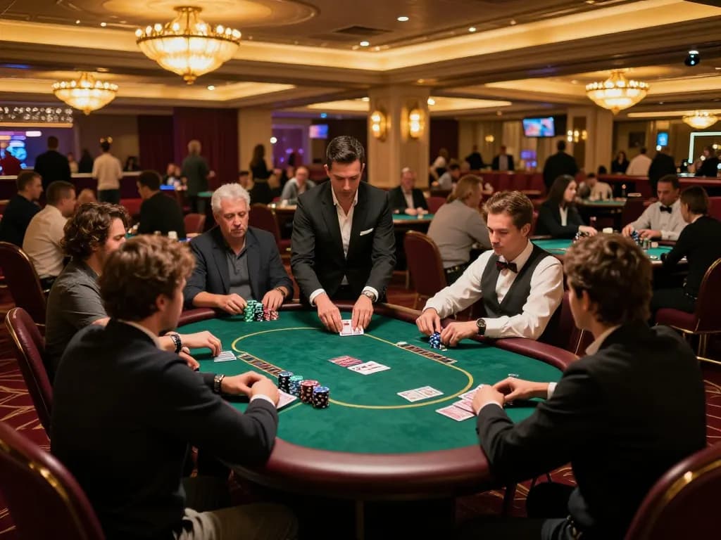 Players strategizing at a poker table in a vibrant casino, showcasing action from https://max88sss.com/ poker games.