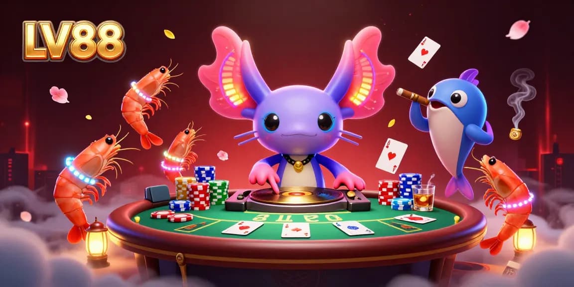 LV88 offers a vibrant underwater casino scene featuring a neon axolotl DJ and poker elements.