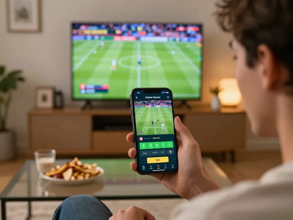 EE88 user celebrating winnings on smartphone while watching a live sports match from home.