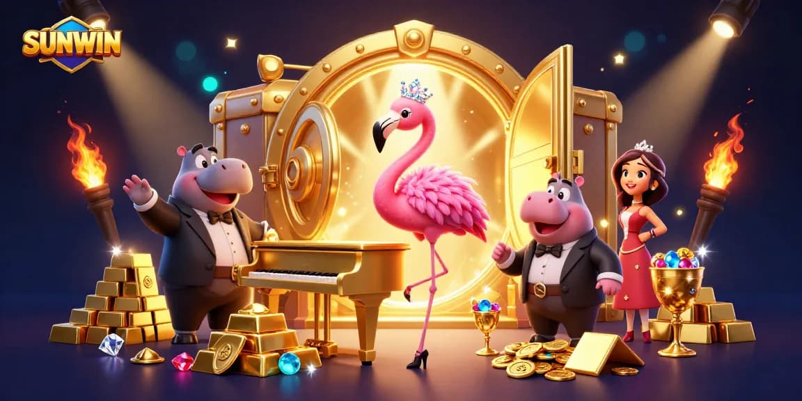 SUNWIN brings excitement with vibrant 3D casino illustration of a flamingo singer and hippo bassist amidst gold treasures.