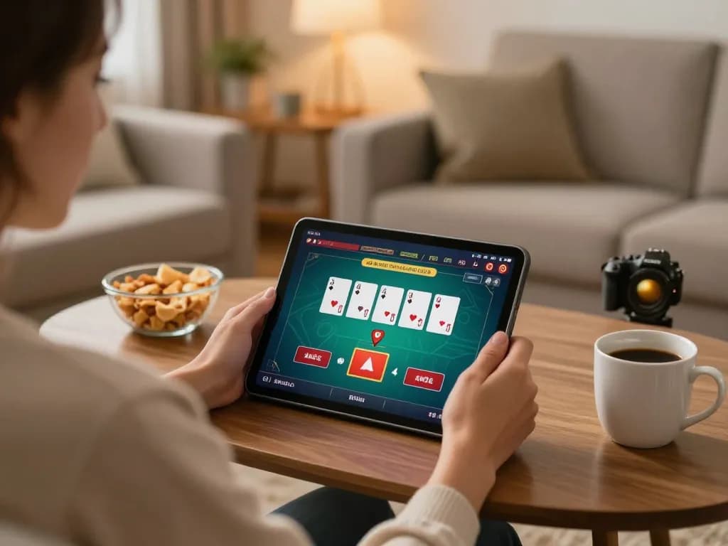 Engaging gameplay on trang chủ jun88 with a person using a tablet for online poker in a cozy setting.