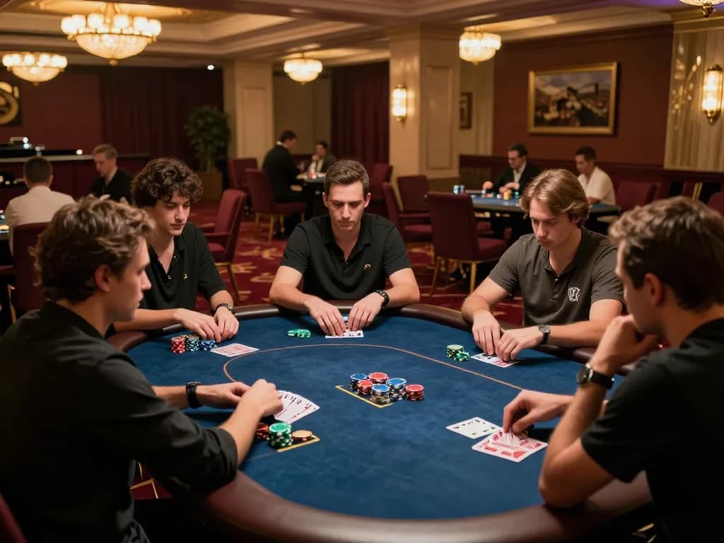Win138 players engaged in a high-stakes poker game, showcasing strategic gameplay and ambiance.