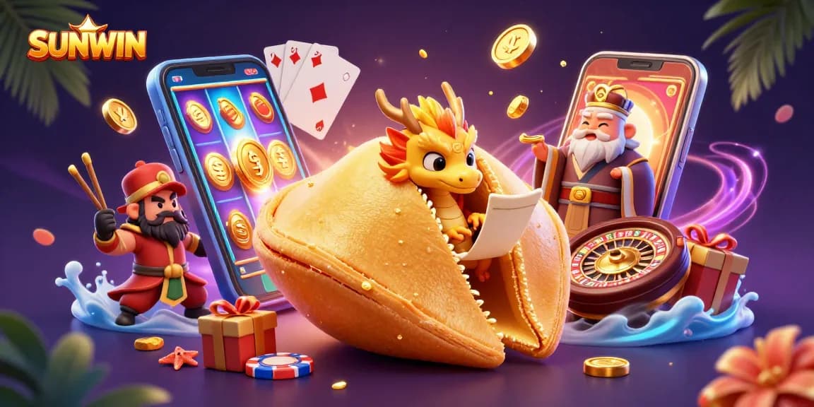 SUNWIN players rejoice while celebrating wins with vibrant slots and casino elements in a colorful 3D digital art.