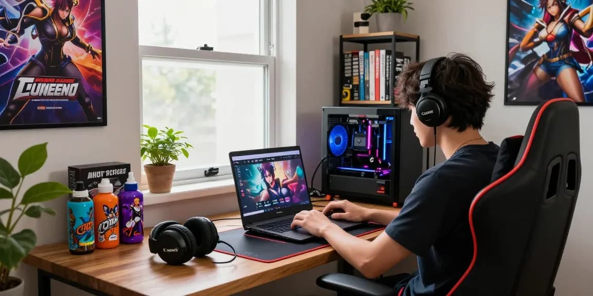Immersive workspace scene showcasing a person playing hentai games html on a laptop with vibrant gaming posters.