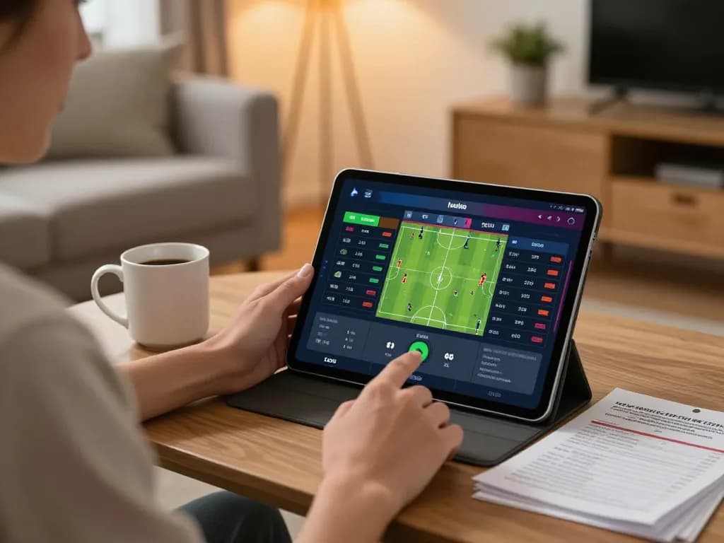 Betting on sports at home using a tablet, engaging with 33win1 live odds and updates