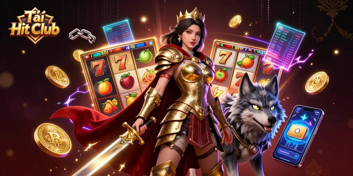 Tải Hit Club features captivating 3D illustration of a warrior queen and her wolf, enhanced with glowing slot reels and cryptocurrency elements.