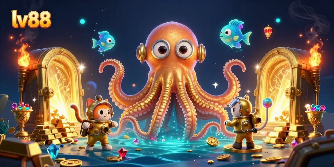 Discover exciting gaming adventures at lv88 with a colossal kraken and diving cat illustration.