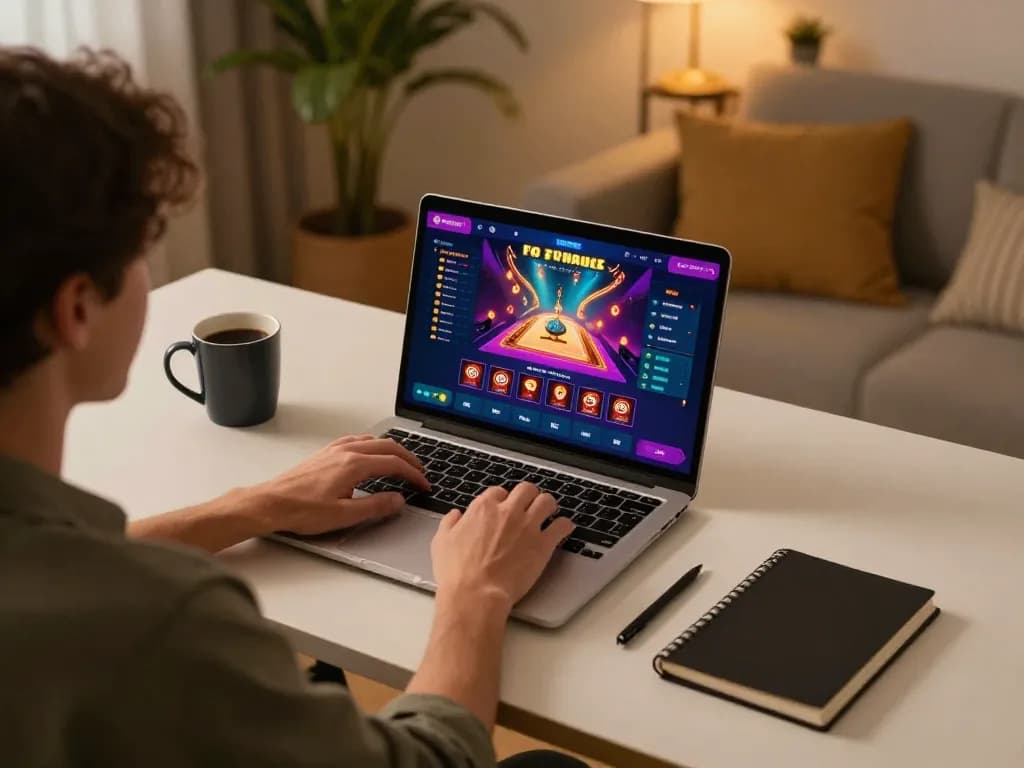 Engaged player at their desk using casino app at https://99win.actor/ for responsible online gaming.