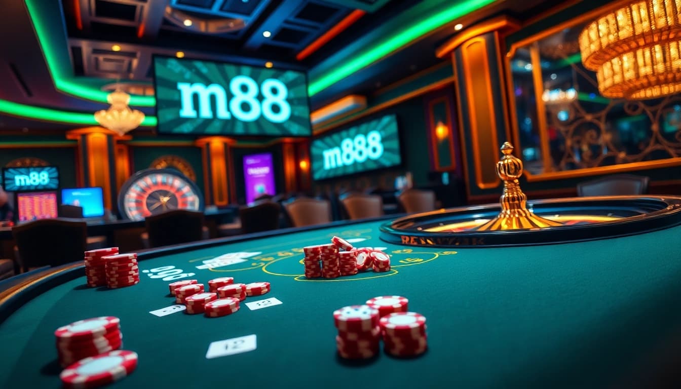 Exciting players enjoying a vibrant m88 casino table with cards and chips.