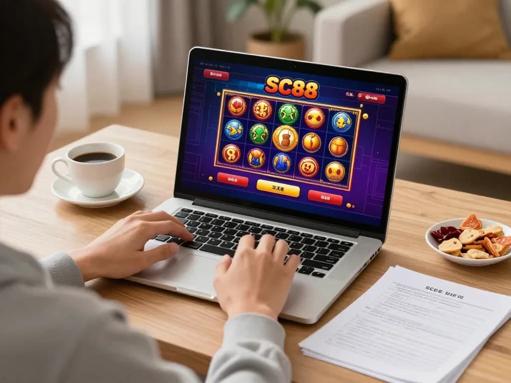 Engaging online gaming with SC88 on laptop, showcasing a comfy and responsible gaming setup.