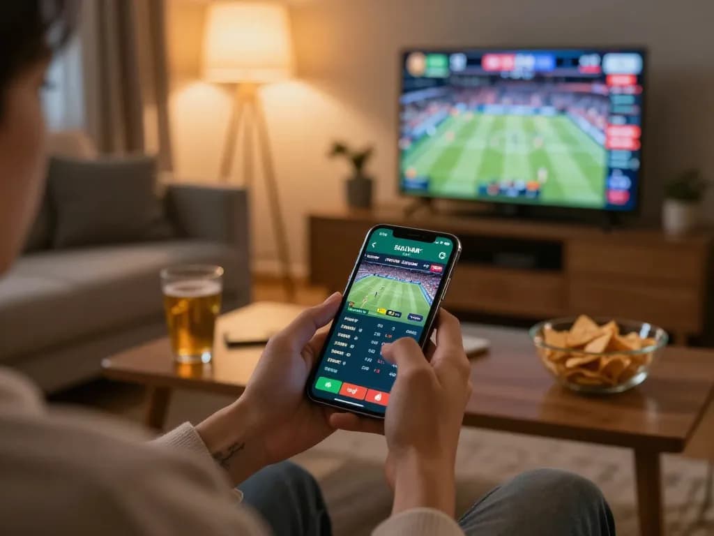 Engaging in f168 mobile sports betting at home with live odds displayed on a smartphone.