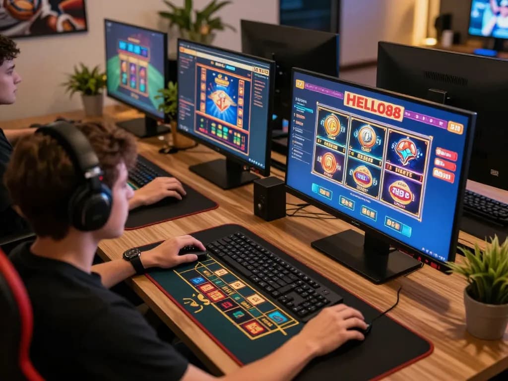 Engaged player exploring HELLO88 games on multiple screens in a modern gaming setup.